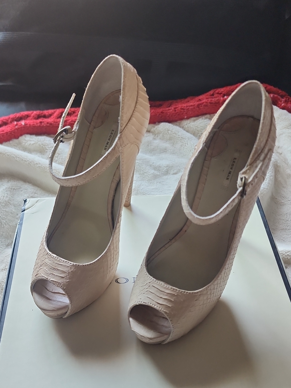 Leon Max Beige Peep-Toe Ankle-Strap High Heels